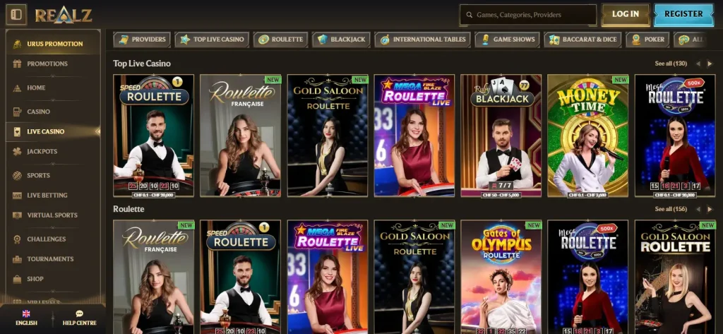 Current official Realz live casino lobby with live dealer categories visible