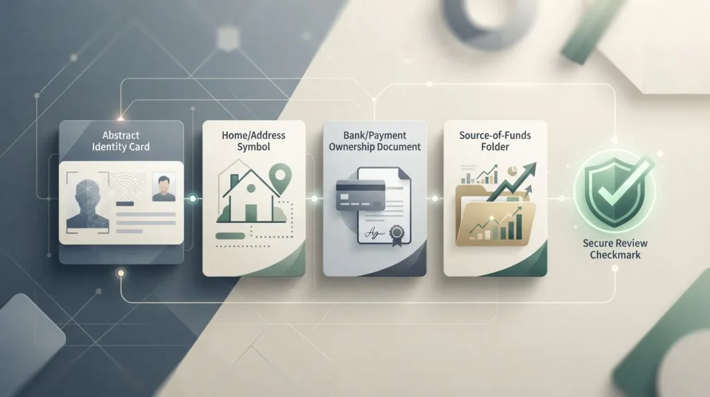 Generic verification checklist representing identity, address and payment ownership without copying a Realz interface