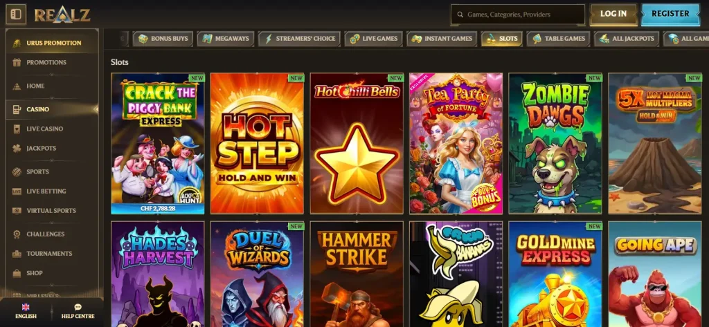 Official Realz slots lobby showing current pokies tiles and provider discovery