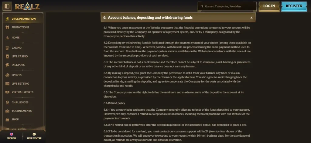 Realz official rules section showing AUD withdrawal limits and withdrawal processing provisions