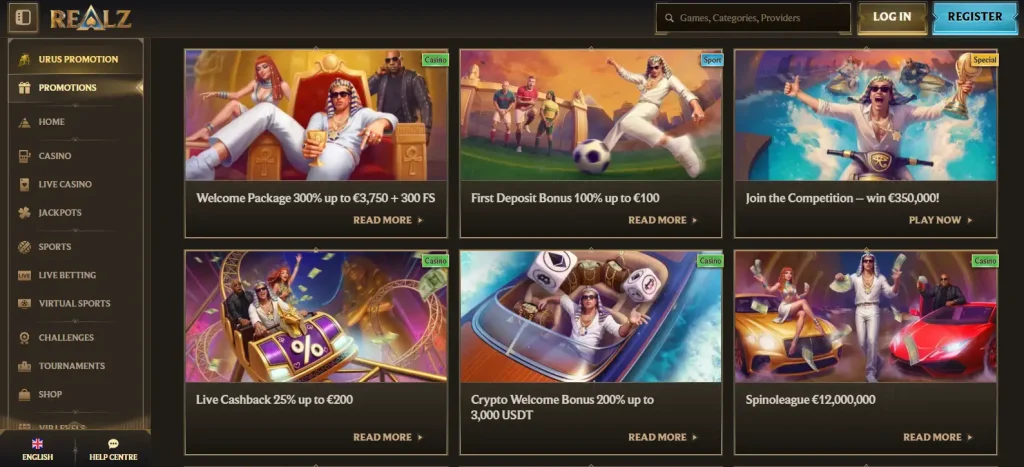 Realz promotions area showing current casino, sport, crypto and special promotion categories